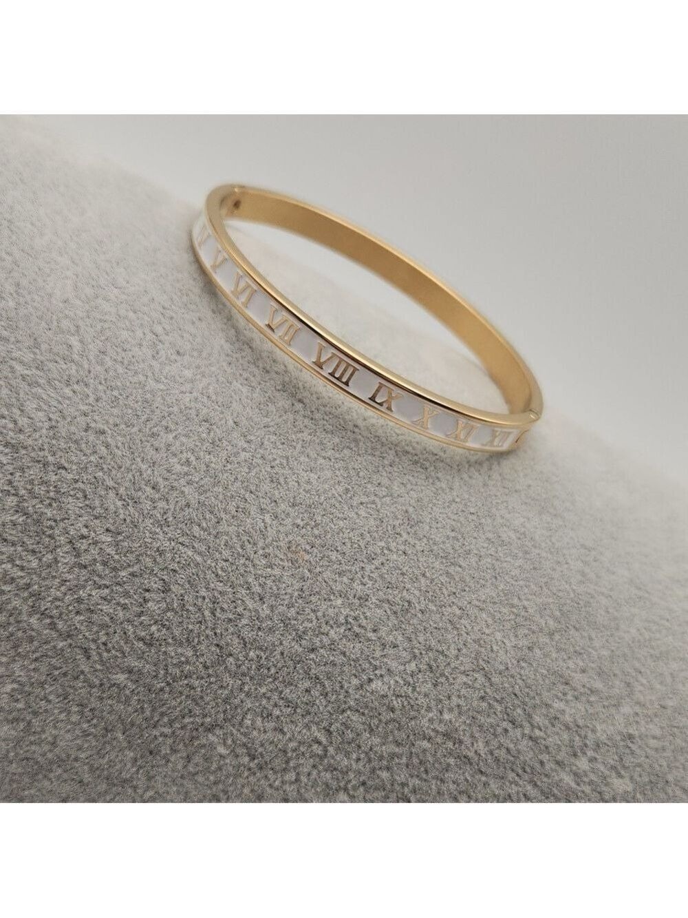 18K Gold Plated Roman Numeral Bangle – White ,Tarnish-Proof Stainless Steel